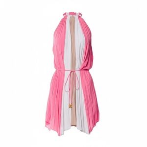 Ramy Brook Pink One-Shoulder Halter Dress with Cream & White Center Stripe